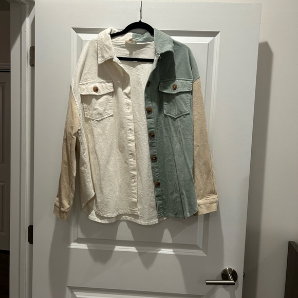 Teal, tan & cream color block shacket - Picture 1 of 3